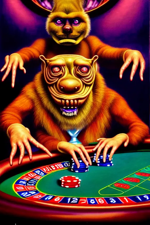 Prompt: a hyperrealistic painting of a chimeric creature playing roulette at the casino, cinematic horror by chris cunningham, lisa frank, richard corben, highly detailed, vivid color,