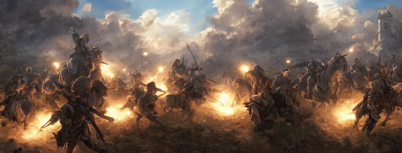 Prompt: calvary soldiers being bombarded by boudlers on the battlefield. hyperrealistic anime background illustration by kim jung gi, extremely detailed faces, intricate linework, smooth, super sharp focus, bright colors, high contrast, matte, octopath traveler, studio ghibli, unreal engine 5 highly rendered, global illumination, radiant light