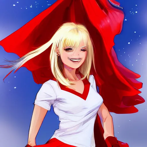 Prompt: !dream blonde super girl, wearing white shirt, red cape, rossdraws art style , smiling