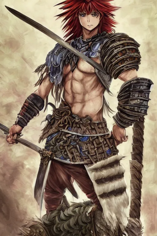 Image similar to A realistic anime portrait of a young handsome male barbarian with long wild hair, intricate fantasy spear, plated armor, D&D, dungeons and dragons, tabletop role playing game, rpg, jrpg, digital painting, by Yusuke Murata, concept art, highly detailed, promotional art, HD, digtial painting, trending on ArtStation, golden ratio, rule of thirds, SFW version