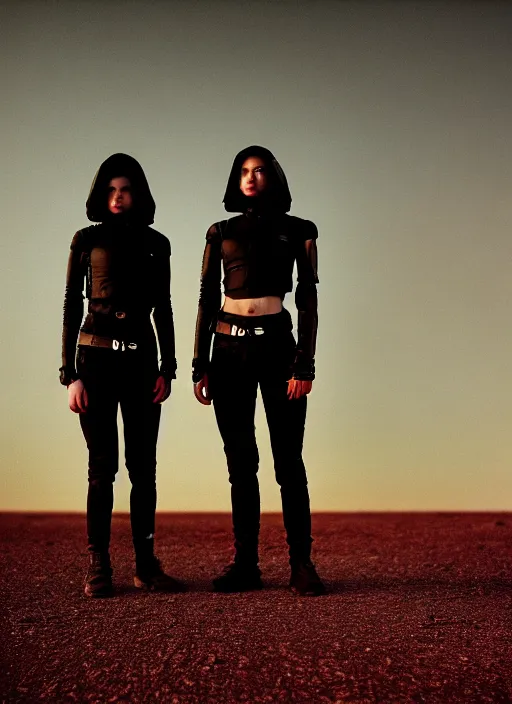 Image similar to cinestill 5 0 d photographic portrait of two loving female androids wearing rugged black techwear on a desolate plain with a red sky, extreme closeup, lizard on ground, cyberpunk style, in front of a brutalist dark metal facility, dust storm, 8 k, hd, high resolution, 3 5 mm, f / 3 2, ultra realistic faces