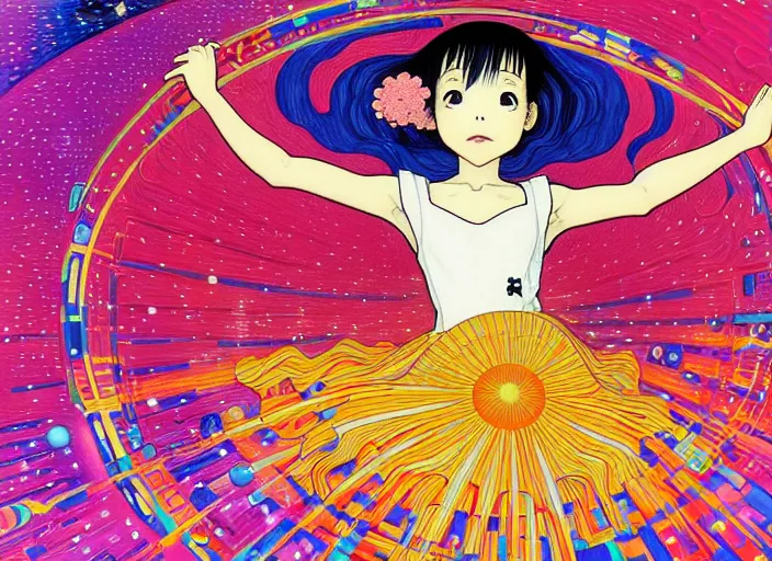 Prompt: portrait of a young girl dancing in space,Hiroyuki Imaishi,Studio Trigger,jean giraud,gustav klimt, kawaii, manga, bright colors,beautiful, 28mm lens,gradation, jean giraud, moebius, fantasy, rule of thirds fibonacci, intricate, matte print, smooth, Ilya Kuvshinov, Kyoto Animation, Murata Range