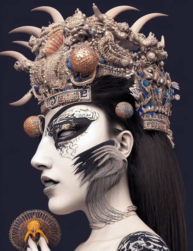 Image similar to 3 d goddess close - up profile portrait with crown, ram skull. beautiful intricately detailed punk japanese crow kitsune mask and clasical japanese kimono. betta fish, jellyfish phoenix, bio - luminescent, plasma, ice, water, wind, creature, artwork by tooth wu and wlop and beeple and greg rutkowski