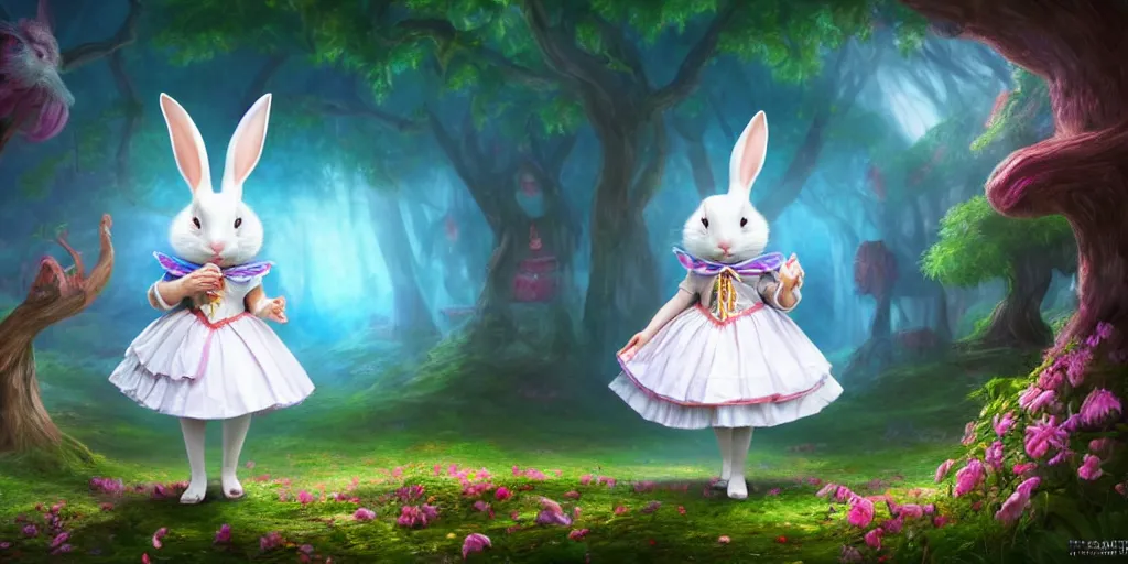 Prompt: The White Rabbit, Alice in wonderland, colorful, wide angle, super highly detailed, professional digital painting, artstation, concept art, smooth, sharp focus, no blur, no dof, extreme illustration, Unreal Engine 5, Photorealism, HD quality, 8k resolution, cinema 4d, 3D, beautiful, cinematic, art by artgerm and greg rutkowski and alphonse mucha and loish and WLOP