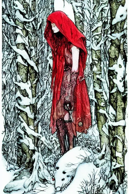Image similar to detailed red riding hood lost in a winter forest, fantasy art, trending on artstation, fairytales, art by luis royo and walter crane and kay nielsen, watercolor illustration,