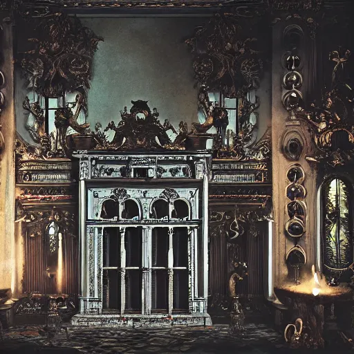 Prompt: satan's rococo palace in hell, 3 5 mm photography, highly detailed, cinematic lighting, 4 k