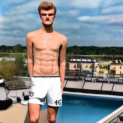 Image similar to a realistic detailed photo of a guy who is an attractive humanoid who is half robot and half humanoid, who is a male android, soccer players martin ødegaard & timo werner, shiny skin, posing like a statue, blank stare, by the pool, on display, showing off his muscles