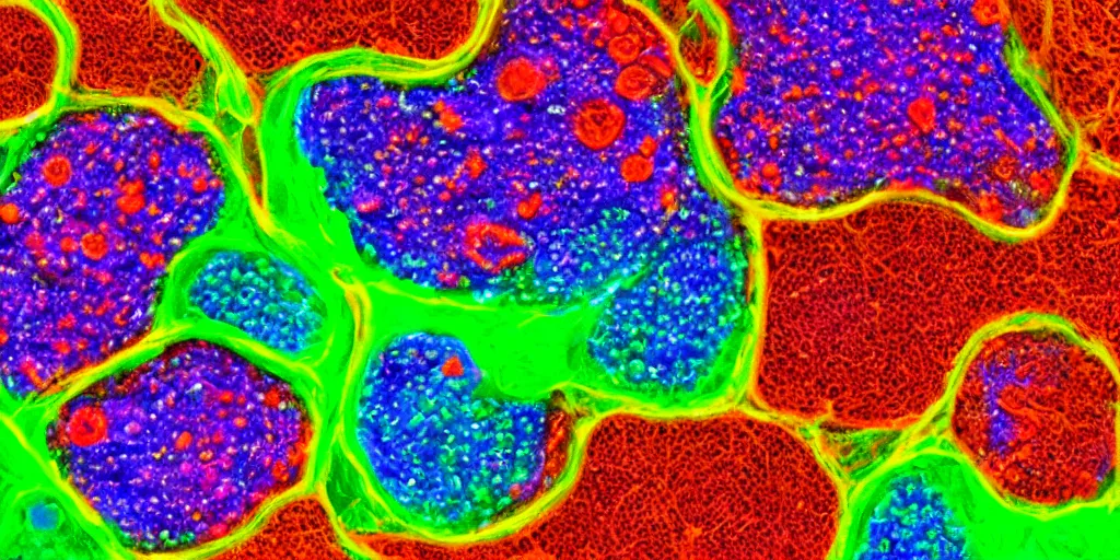 Prompt: intricate microscopy of human cell living membranes, colorful