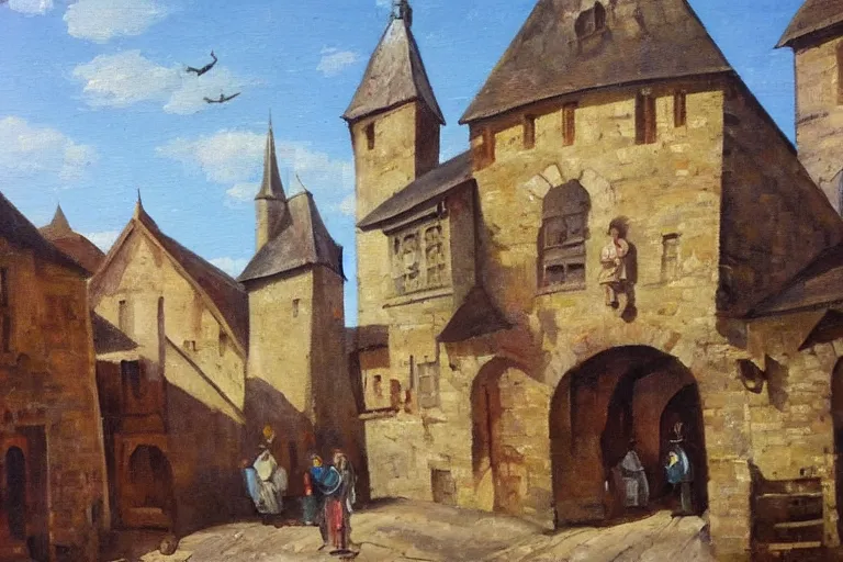 Image similar to middle ages town, oil painting, oil in canvas, brushstrokes