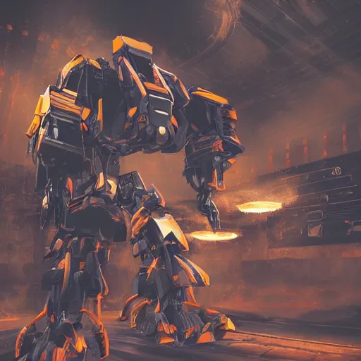 Image similar to failing mecha, dark messy smoke - filled cluttered workshop, dark, dramatic lighting, orange tint, cinematic, highly detailed, sci - fi, futuristic, movie still