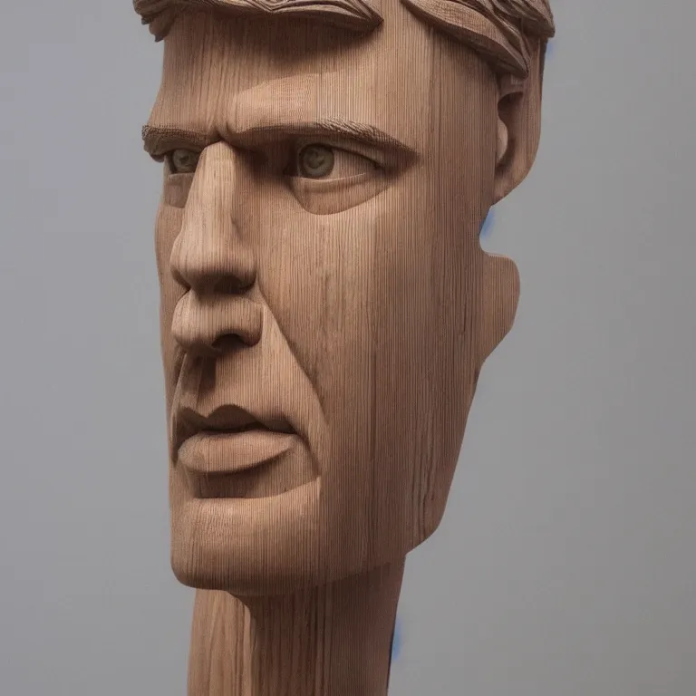 Prompt: monumental sculpture geometric minimalist!!! portrait of chris hemsworth, beautiful symmetrical!! face accurate face detailed face realistic proportions, hand - carved out of red oak wood on a pedestal by stephan balkenhol and martin puryear, cinematic lighting shocking detail 8 k