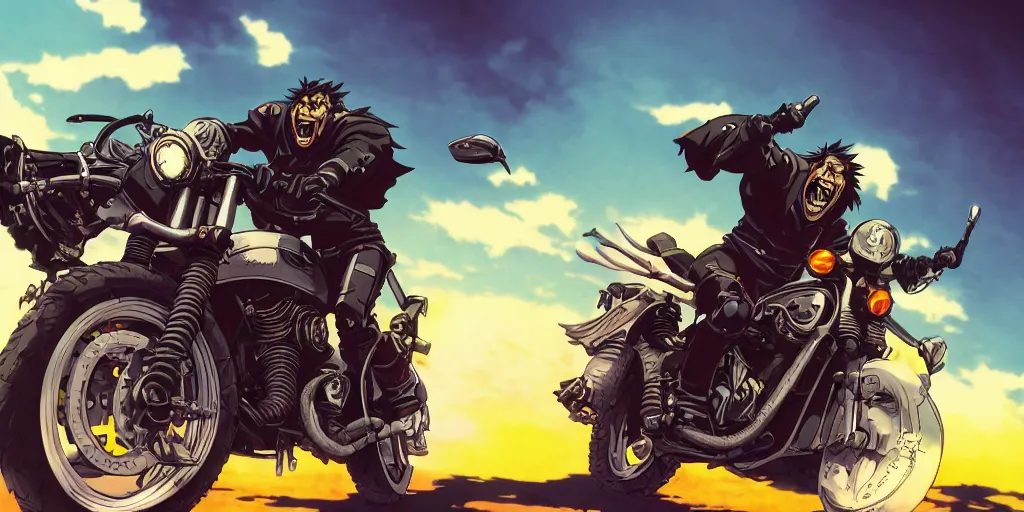 Image similar to high quality anime movie still, motorcycle, stylized action shot of an orc popping a wheelie on a motorcycle, menacing orc, clear focused details, soft airbrushed artwork, black background, apocalyptic, studio ghibli, miyazaki, anime style