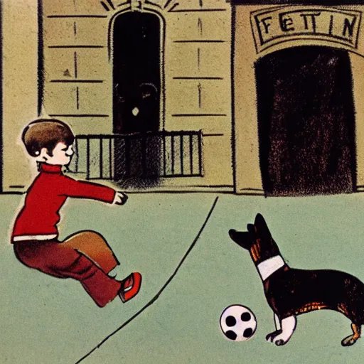 Image similar to book illustration of a french boy on the streets of paris playing football against a corgi, the dog is wearing a polka dot scarf, 1 9 6 6