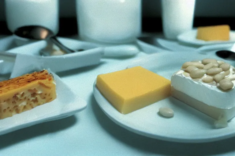 Image similar to yogurt, baked bean and cheese aspic, in 1 9 9 5, y 2 k cybercore, industrial low - light photography, still from a ridley scott movie