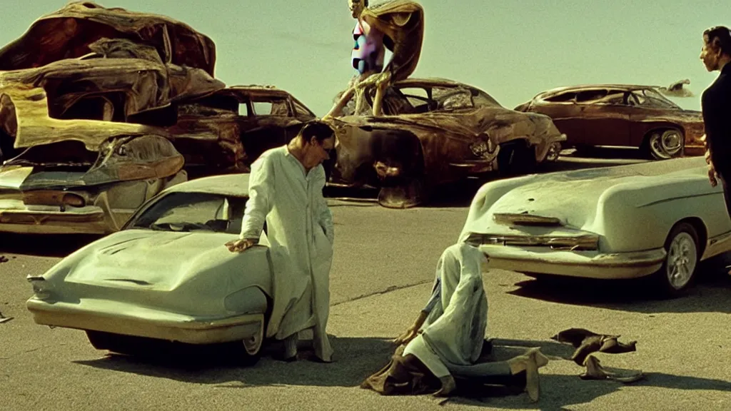 Prompt: the creature sells a used car, made of wax and oil, film still from the movie directed by Denis Villeneuve with art direction by Salvador Dalí, wide lens