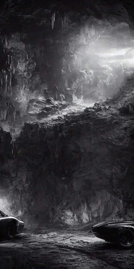 Image similar to the batmobile standing in a very dark and wet cave. highly detailed. intricate. mist. atmospheric. rim light. photorealistic. 8 k. monochrome. rays of light filling the cave. cinematic. matte painting. cinema 4 d. octane render. imagined by ash thorp. ambient occlusion. global illumination.