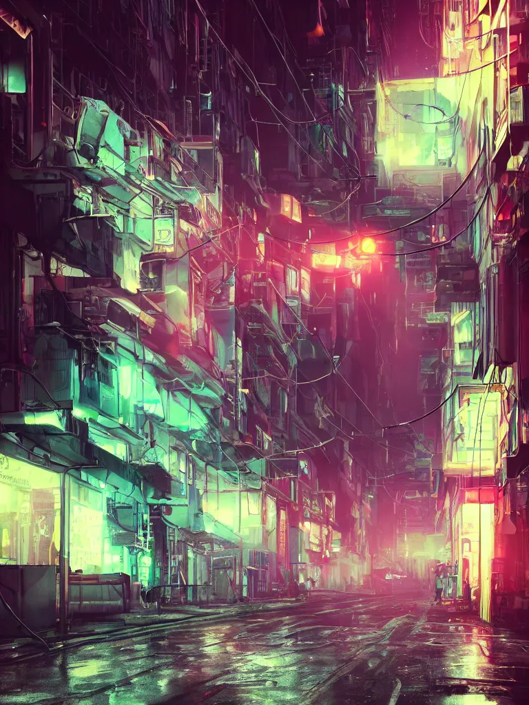 Prompt: neonpunk street, hanging cables, narrow, garbage on the ground. rain. fog, haze, evening. led screens. golden hour. volumetric lighting. cables on the ground. very messy. futuristic. photorealistic. artstation. anime. studio gimbli style