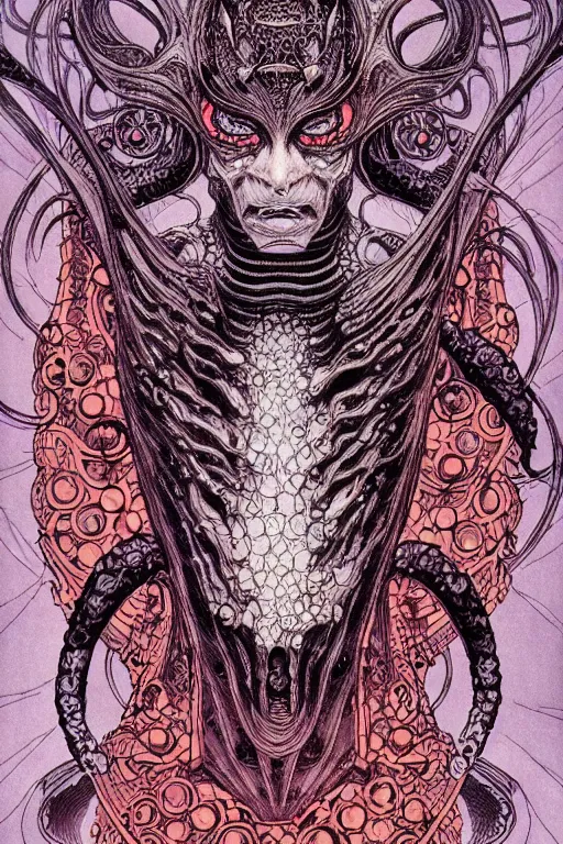 Image similar to illustration of old wrinkly demon that causes earthquakes, rock themed, intricate linework, in the style of moebius, ayami kojima, 1 9 9 0's anime, retro fantasy