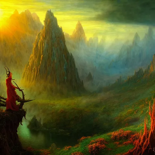 Image similar to a beautiful and highly detailed matte painting of the lost elven land of beautiful dreams, sunrise, celtic, psychedelic, epic scale, insanely complex, hyperdetailed, sharp focus, hyperrealism, artstation, cgsociety, 8 k, bright colors, by caspar friedrich, albert bierstadt, james gurney, brian froud,