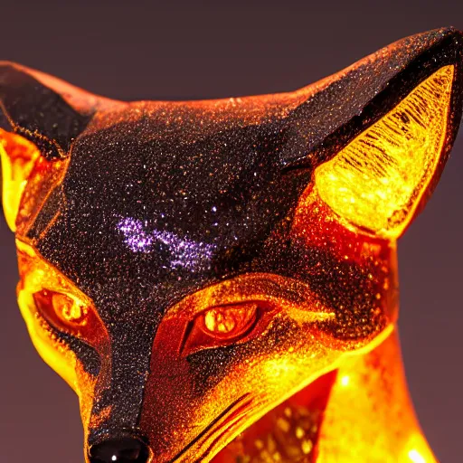 Image similar to Portrait photography of an Emerald fox sculpture with glowing orange eyes