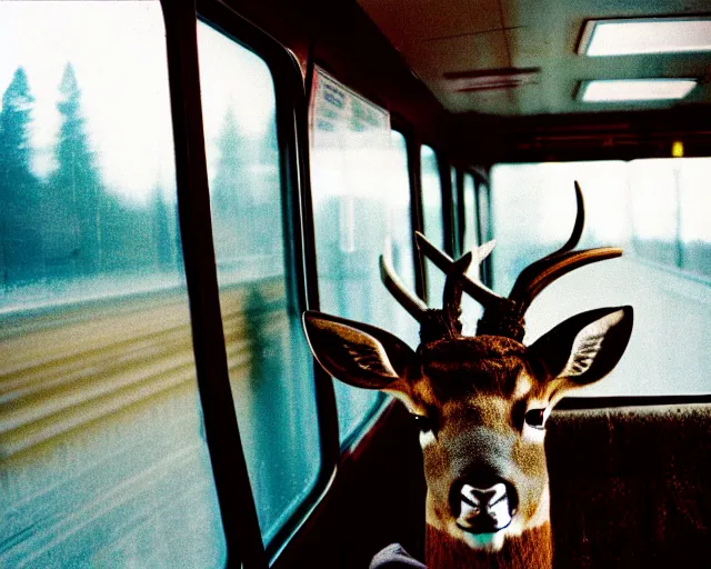 Image similar to a lomography photo of rumble between two human with deer head in soviet train this morning, bokeh,