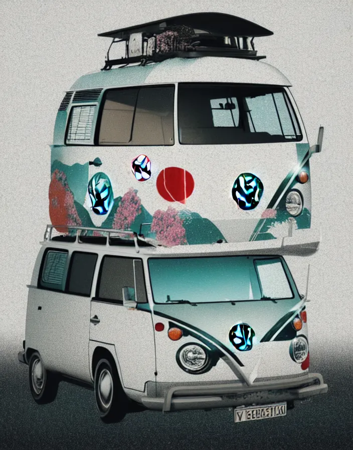 Image similar to front view vw camper touring rural japan, a collage painting, in the style of wes anderson, lola dupre, david hockney, isolated on negative white space background dark monochrome fluorescent spraypaint accents volumetric octane render, not double decker