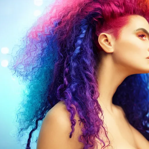 Prompt: Close-up side profile portrait of an attractive woman with an aquiline nose and a strong jawline, and blue bioluminescent translucent blue skin. Her big long wavy curly pink and orange hair fills most of the image and is realistically illuminated by the blue glow of her face. Her big long wavy curly pink and orange hair hangs down behind her face. Her big long wavy curly pink and orange hair hangs down over the side of her blue face, covering her ear. Weta Digital. Animal Logic. Industrial Light & Magic.