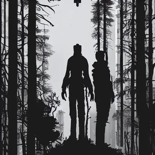 Image similar to in the style of max prentis and deathburger and laurie greasley a silhouette of two young explorers wearing cyberpunk headpieces standing on a giant abandoned robot head in the middle of an enchanting forest, long shot, wide angle, highly detailed, 8k wallpaper