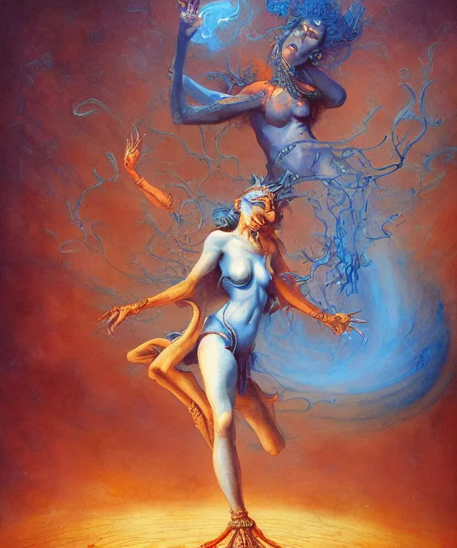 Image similar to blue shiva with dancing, glowing fiery background, in the style of peter mohrbacher, wayne barlowe, gustav moreau, bussiere, roberto ferri, santiago caruso, luis ricardo falero, austin osman spare, colorful