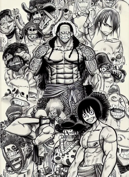 Image similar to dwayne johnson as origin character in one piece manga, sketch by eiichiro oda, amazing likeness. very detailed.