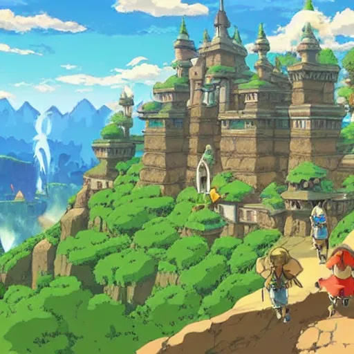 Prompt: studio ghibli themed breath of the wild Hyrule castle, scenic