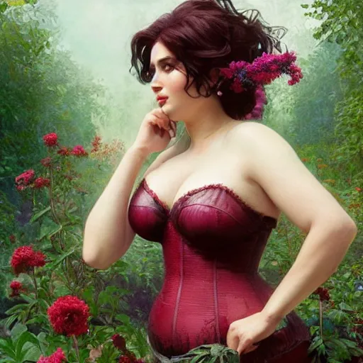 Prompt: a stunning 3 d render of a thicc and voluptuous yennefer of vengerberg dressed as a beautiful poison ivy walking through a flowering garden, greenhouse in the background, intricate, elegant, highly detailed, digital painting, artstation, concept art, ultra sharp focus, octane render, volumetric lighting, art by greg rutkowski and alphonse mucha