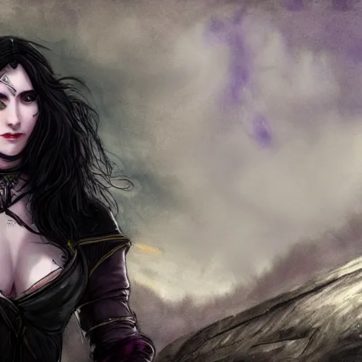 Image similar to yennefer as a medieval fantasy tolkien elf, dark purplish hair tucked behind ears, wearing leather with a fur lined collar, wide face, muscular build, scar across the nose, cinematic, character art, real life, 8 k, detailed.