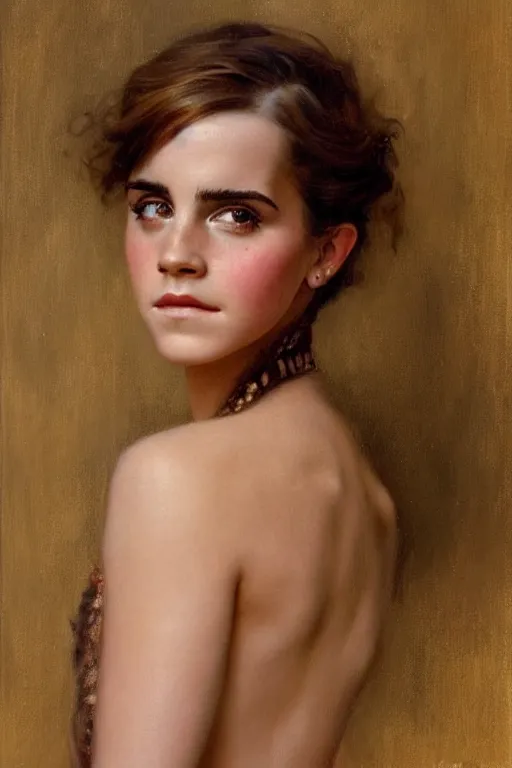 Image similar to detailed portrait of a beautiful emma watson 1 9 8 0 s hairstyle muscular, painting by gaston bussiere, craig mullins, j. c. leyendecker