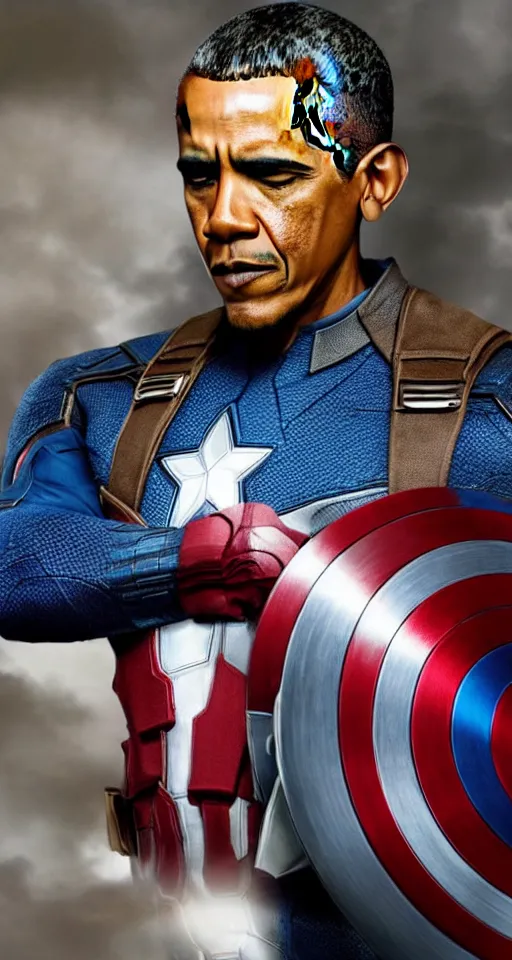 Image similar to Obama as Captain America in the Avengers, final epic scene, closeup still