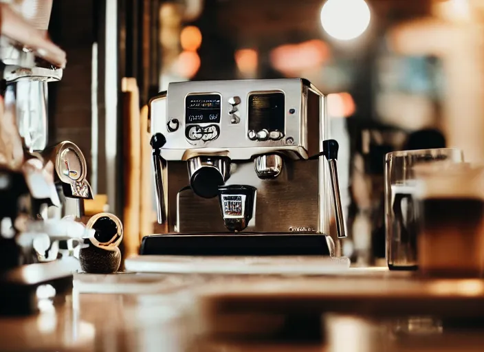 Image similar to a 2 8 mm macro photo from the back of a woman standing at the espresso machine in a cozy cafe, splash art, movie still, bokeh, canon 5 0 mm, cinematic lighting, dramatic, film, photography, golden hour, depth of field, award - winning, anamorphic lens flare, 8 k, hyper detailed, 3 5 mm film grain, hazy