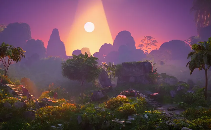 Image similar to a crystal tetrahedron!!! in the middle of ancient ruins in a lush prehistoric jungle, inside a humongous cave, red and magenta flowers, sunset, godrays, orange and blue sky, haze, volumetric lighting, a high - quality render, photorealistic, unreal engine 5