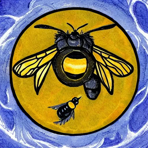 Image similar to a Wiccan ritual spell with a bumblebee placed in the middle of a bloody bullseye, fantasy illustration