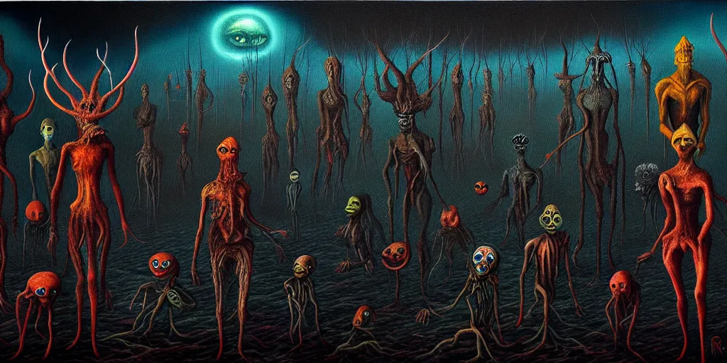 Image similar to creatures lurking in the collective unconscious, in a dark surreal painting by ronny khalil