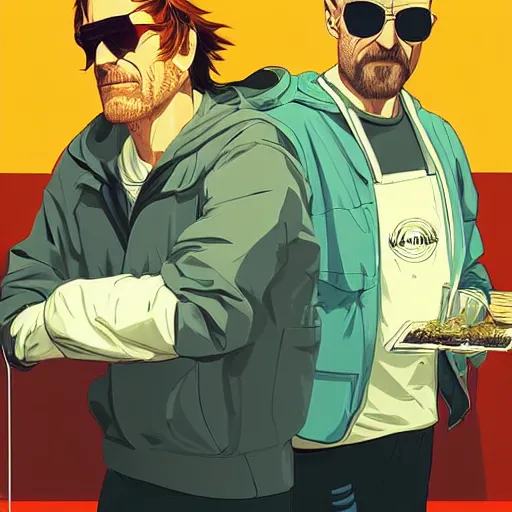 Prompt: Thomas Jane, an illustration of happy Walter White and Jesse Pinkman cooking meth in super lab, art by Ilya Kuvshinov, highly detailed, anime key visual, warm colors, epic landscape, official media, HD digital art, artstation