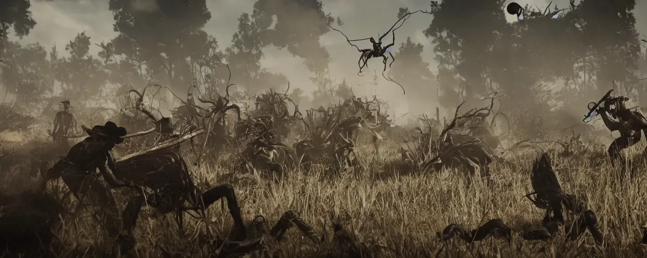 Prompt: hunt showdown cowboys having a shootout while a giant spider is running around