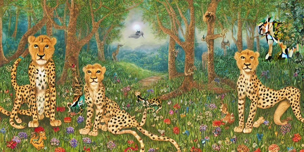 Prompt: cheetah and lion in front of birthday table in fairytale forest , huge scale, high detail, intricate by Axel Scheffler