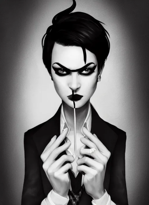 Image similar to a highly detailed illustration of short black haired woman wearing black eyepatch and noir style suit and tie, dramatic smoking pose, intricate, elegant, highly detailed, centered, digital painting, artstation, concept art, smooth, sharp focus, league of legends concept art, WLOP