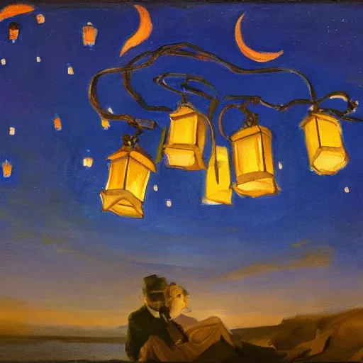 Image similar to beautiful lit lanterns floating in the beautiful night sky, john singer sargent art style, 4 k, modern