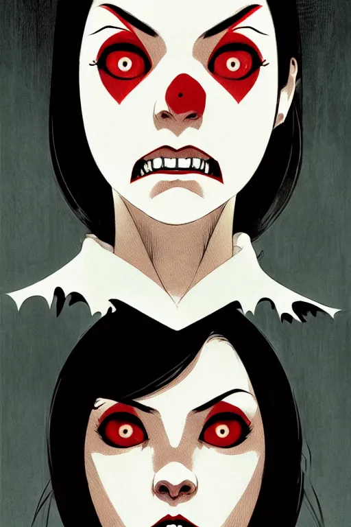 Image similar to scary female vampire nurse, symmetrical face, evil grin, portrait size, cinematic, dramatic, super detailed and intricate, by koson ohara, by darwyn cooke, by greg rutkowski, by satoshi kon