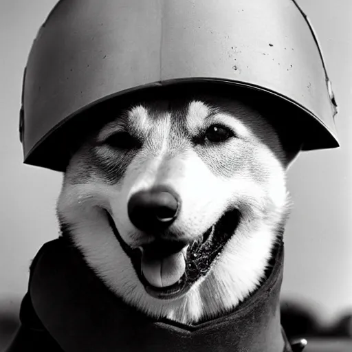 Prompt: close up of a shiba inu wearing soldier helmet in the battle, ww 2 historical photography, black & white photo