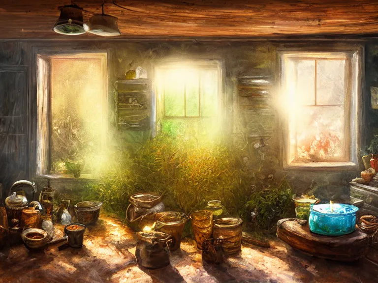 Image similar to expressive rustic oil painting, interior view of a cluttered herbalist cottage, waxy candles, wood furnishings, herbs hanging, light bloom, dust, ambient occlusion, morning, rays of light coming through windows, dim lighting, brush strokes oil painting