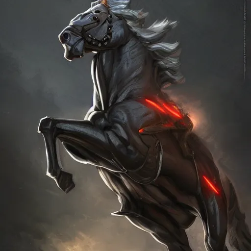 Image similar to a dark anthropomorphized horse with gargantuan muscles wearing a tight kevlar battle outfit, facility background, equine, anthro art, furaffinity, highly detailed, digital painting, artstation, sharp focus, game art, concept art, illustration, art by artgerm, greg rutkowski, wlop