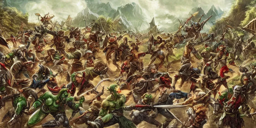 Image similar to elves and orcs are fighting , large scene , tragic