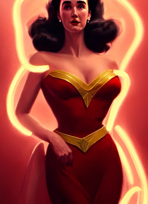 Image similar to portrait of 1 9 5 0 s darna, young jennifer connelly, intricate, elegant, glowing lights, highly detailed, digital painting, artstation, glamor pose, concept art, smooth, sharp focus, illustration, art by wlop, mars ravelo and greg rutkowski